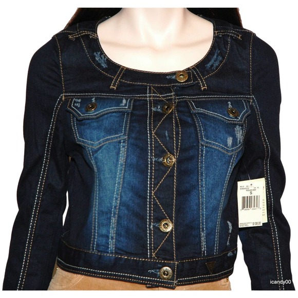 GUESS STRETCH DENIM JACKET TOP RECKLESS WASH XS NWT - Picture 3 of 7